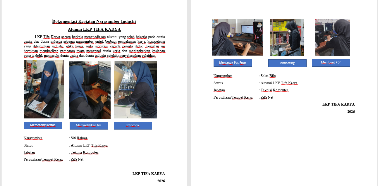 Berbagi Pengalaman Kerja Bersama Alumni LKP Tifa Karya